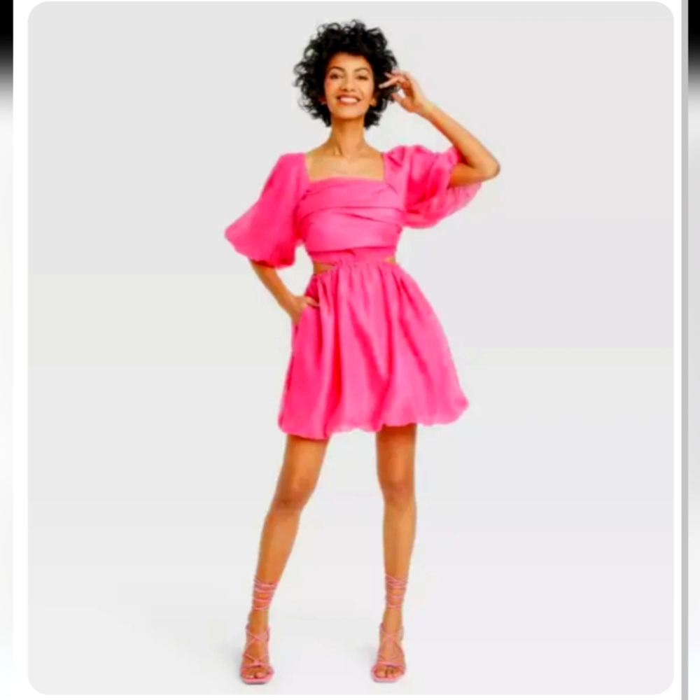 New Day Puff Short Sleeve Cut Out Bubble A-line Pink Dress